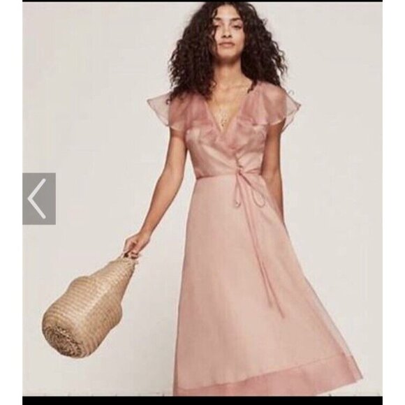Reformation Cannes Dress Size L pink Wrap ruffle chiffon sheer rayon viscose - Picture 2 of 9